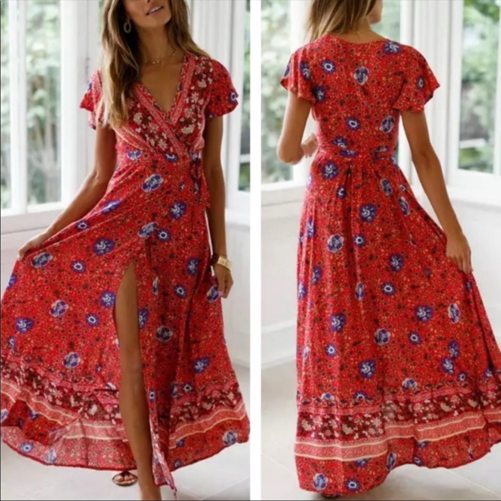 Bohemian Floral Tribal Print Maxi Wrap Dress red - Picture 3 of 13